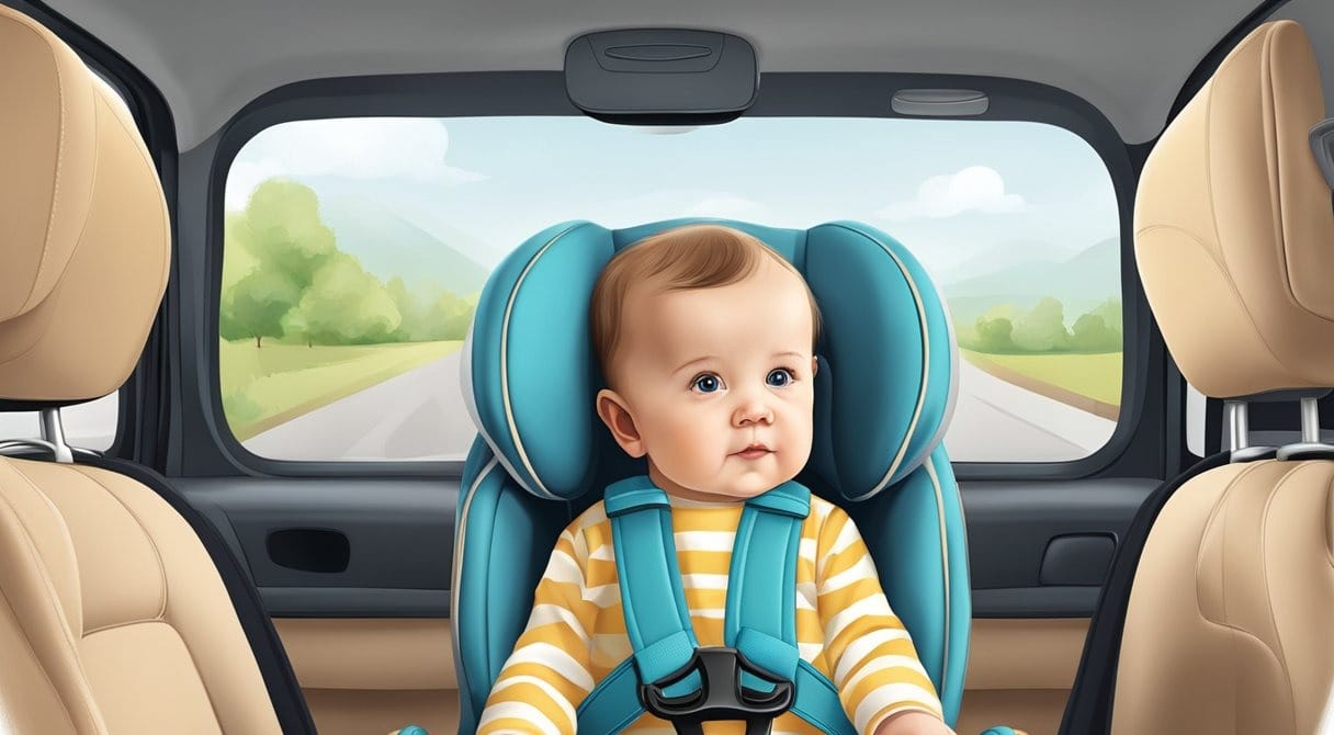 A baby in a car seat facing forward, secured with straps, with a clear view of the road ahead