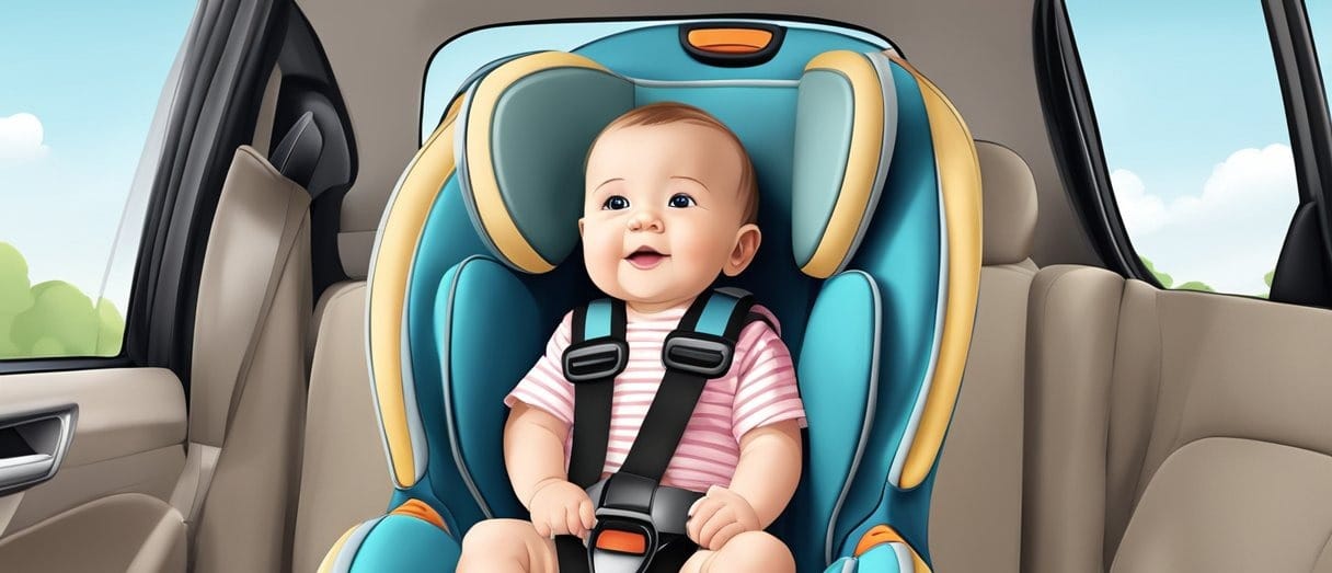 A baby car seat facing forward, securely installed in the back seat of a car with a child safety harness fastened